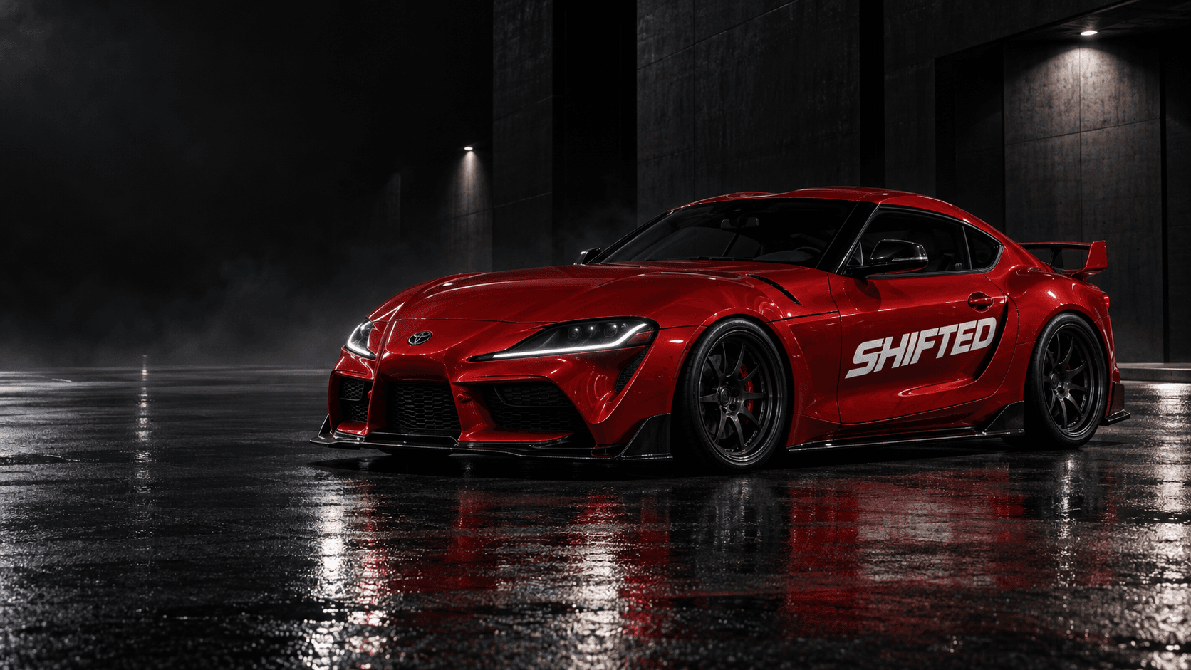 KI-Kampagnenmotiv: rotes Showcar mit SHIFTED-Schriftzug auf dunklem Platz